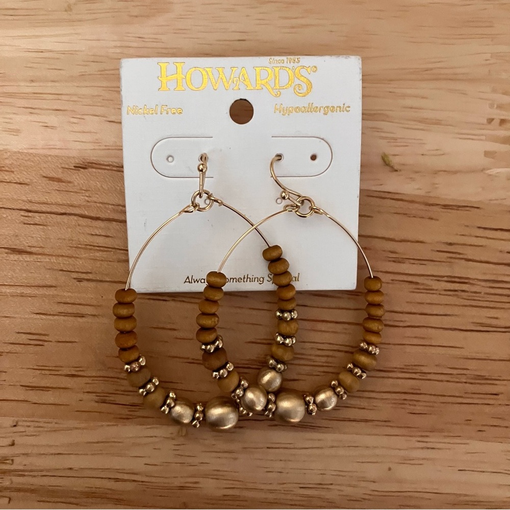 Gold and Brown Beaded Hoop Earrings